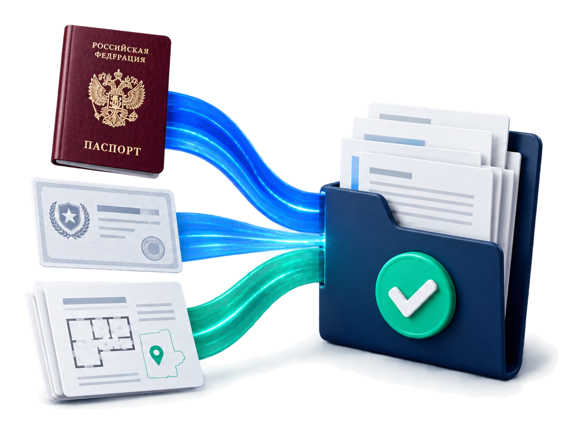 Паспорт, свидетельство НИС и выписка ЕГРН превращаются в готовую папку документов